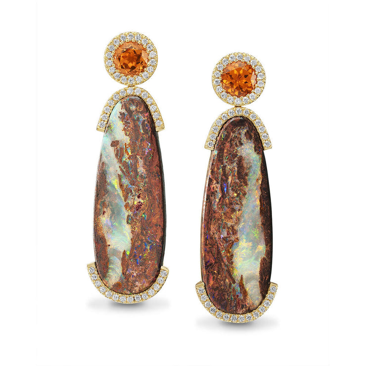 18K Yellow Gold Australian Boulder Opal/Mandarin Garnet/Diamond Earrings