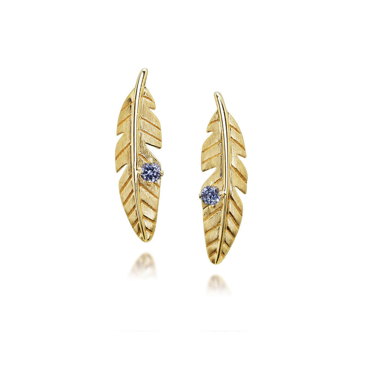 14K Yellow Gold Yogo Sapphire Feather Earrings