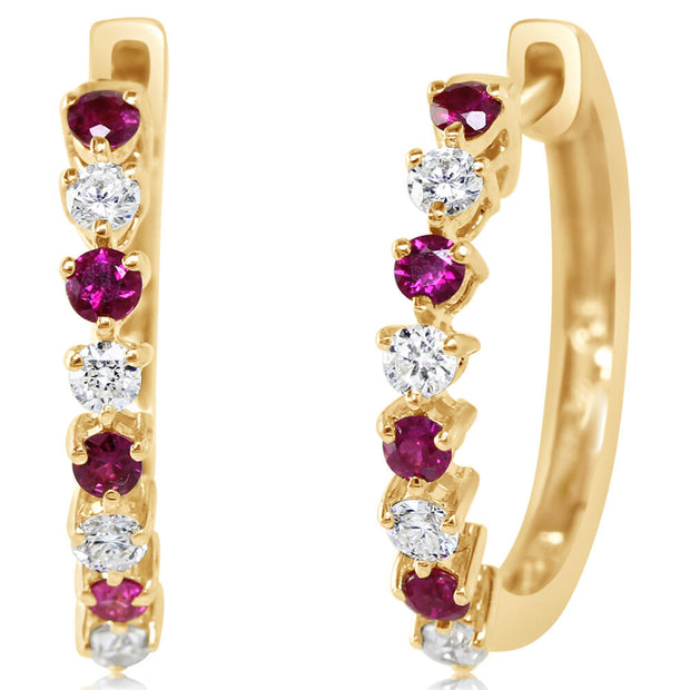 14K Yellow Gold Ruby/Diamond Hoop Earrings