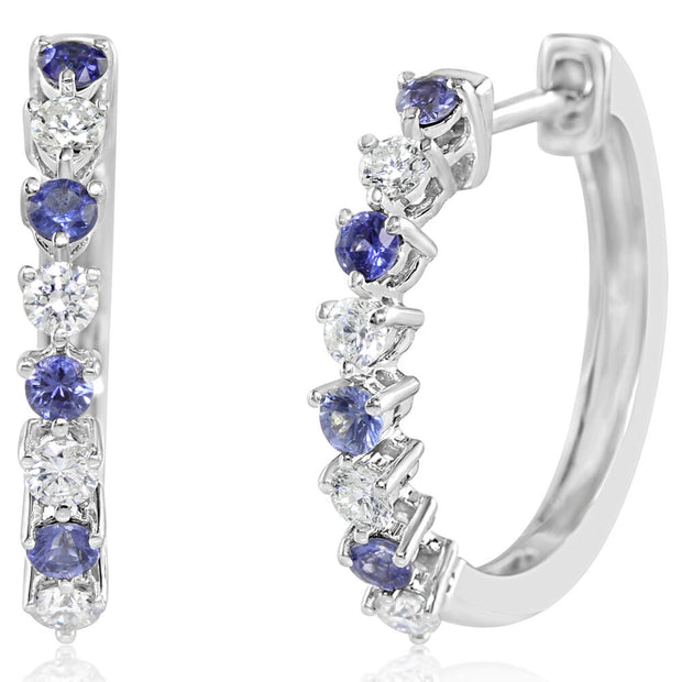 14K White Gold Blue Sapphire/Diamond Hoop Earrings