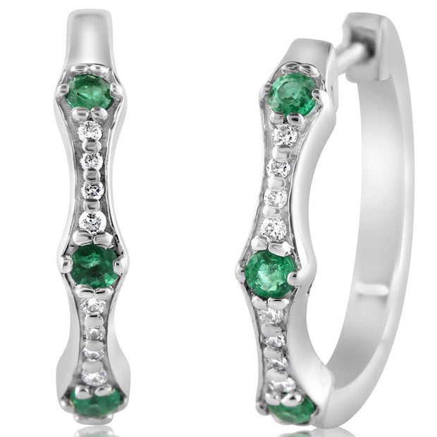 14K White Gold Emerald/Diamond Hoop Earrings