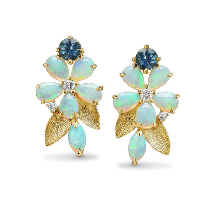 14K Yellow Gold Australian Opal/Montana Sapphire/ Diamond Flower Earrings