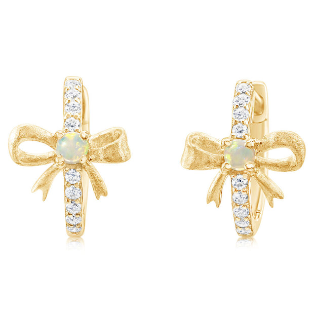 14K Yellow Gold Australian Opal Diamond Bow Earrings