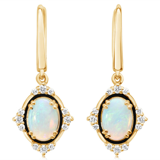 14K Yellow Gold Australian Opal/ Diamond Earrings with Black Enamel