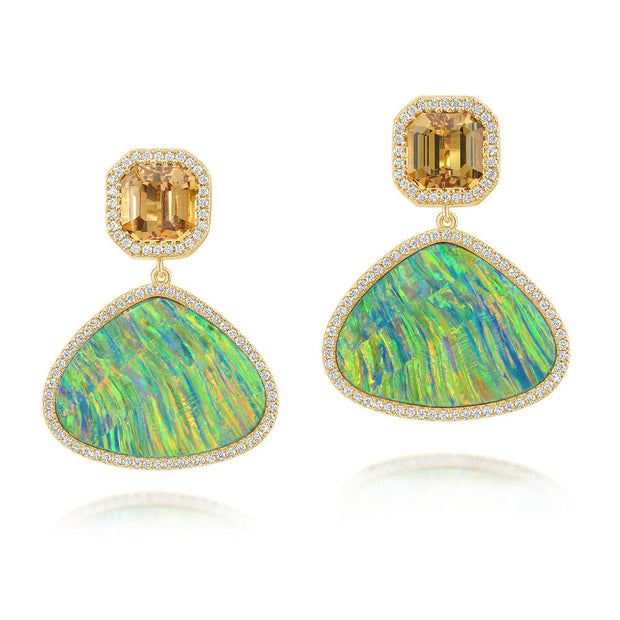 18K Yellow Gold Australian Opal Doublet/Apricot Topaz/Diamond Earrings