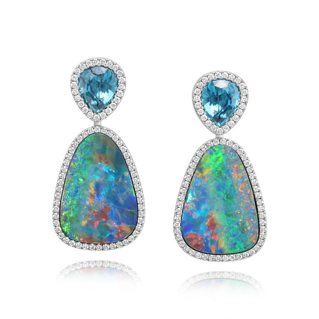 Platinum Australian Opal Doublet/Blue Zircon/Diamond Earrings ,H