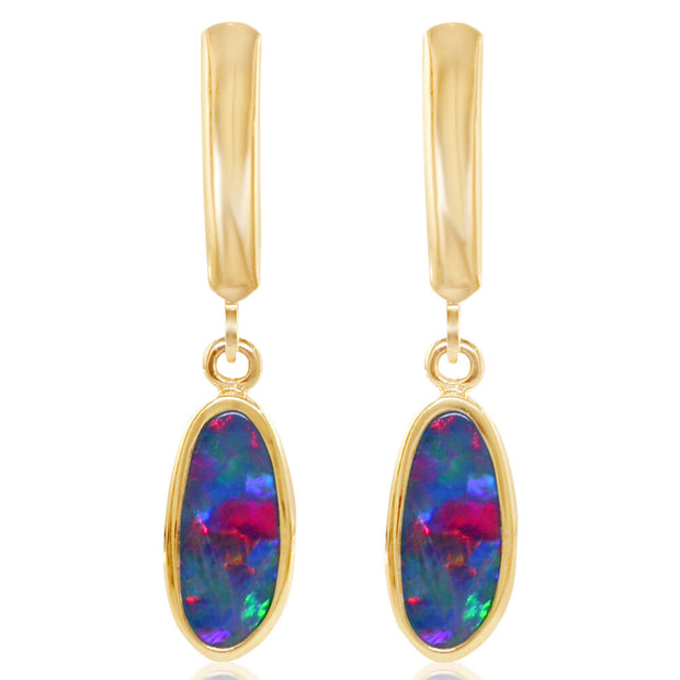 14K Yellow Gold Australian Opal Doublet Plain Bezel Leverback Earrings