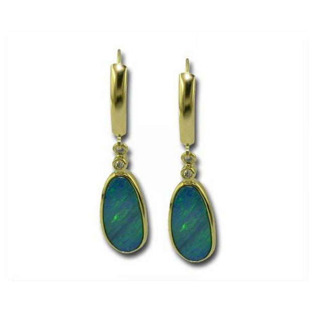 14K Yellow Gold Australian Opal Doublet/Diamond Plain Bezel Earrings