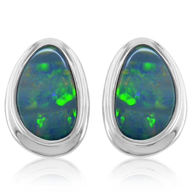 14K White Gold Australian Opal Doublet Wide Bezel Earrings