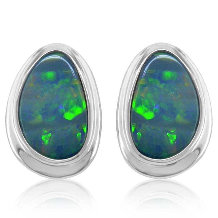 14K White Gold Australian Opal Doublet Wide Bezel Earrings