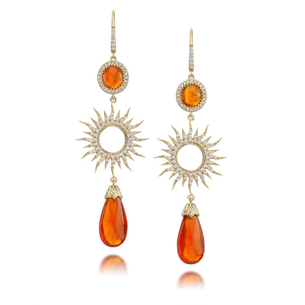 18K Yellow Gold Mexican Fire Opal/ Australian Opal/Mint Garnet/Diamond Earrings