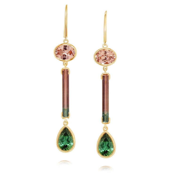 14K Yellow Gold Green/Bi-Color Tourmaline & Lotus Garnet Earrings