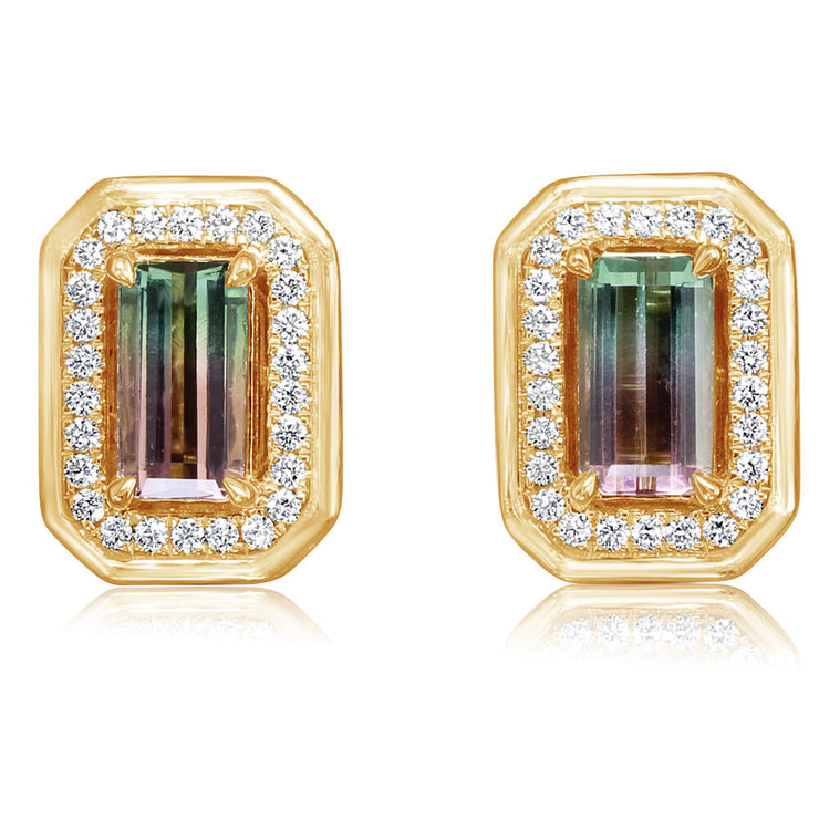 14K Yellow Gold Bi-Color Tourmaline/Diamond Earrings
