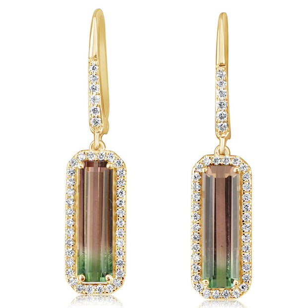 14K Yellow Gold Bi-Color Tourmaline/Diamond Earrings