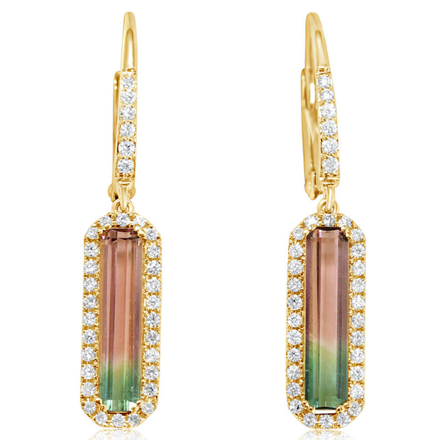 14K Yellow Gold Bi-Color Tourmaline/Diamond Earrings