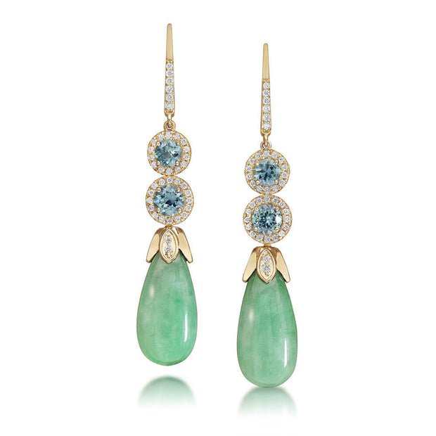 14K Yellow Gold Green Jade/Montana Sapphire/Diamond Earrings