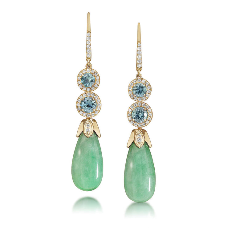 14K Yellow Gold Green Jade/Montana Sapphire/Diamond Earrings