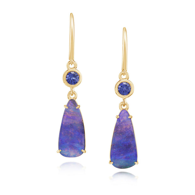 14K Yellow Gold Australian Boulder Opal/Tanzanite Earrings