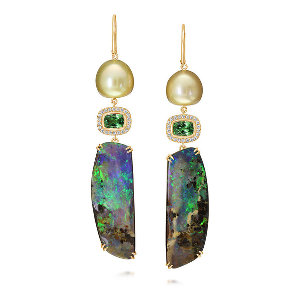 18K Yellow Gold Australian Boulder Opal/South Sea Pearl/Tsavorite Earrings