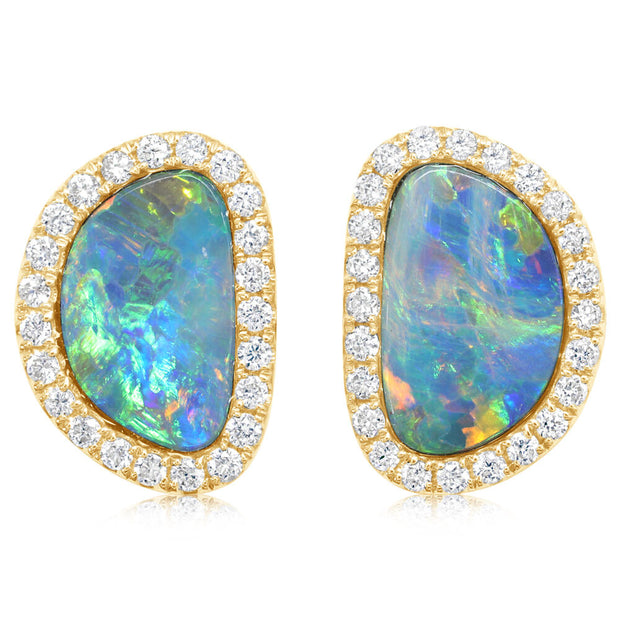 14K Yellow Gold Australian Opal Doublet/Diamond Earrings