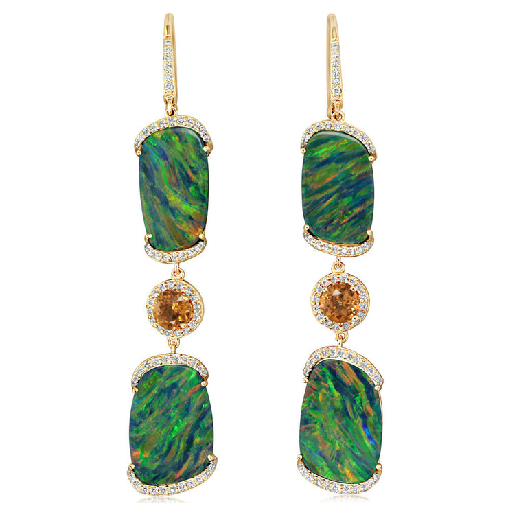 14K Yellow Gold Australian Boulder Opal/Mandarin Garnet/Diamond Earrings