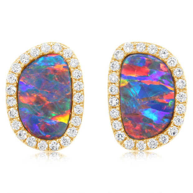 14K Yellow Gold Australian Opal Doublet/Diamond Earrings