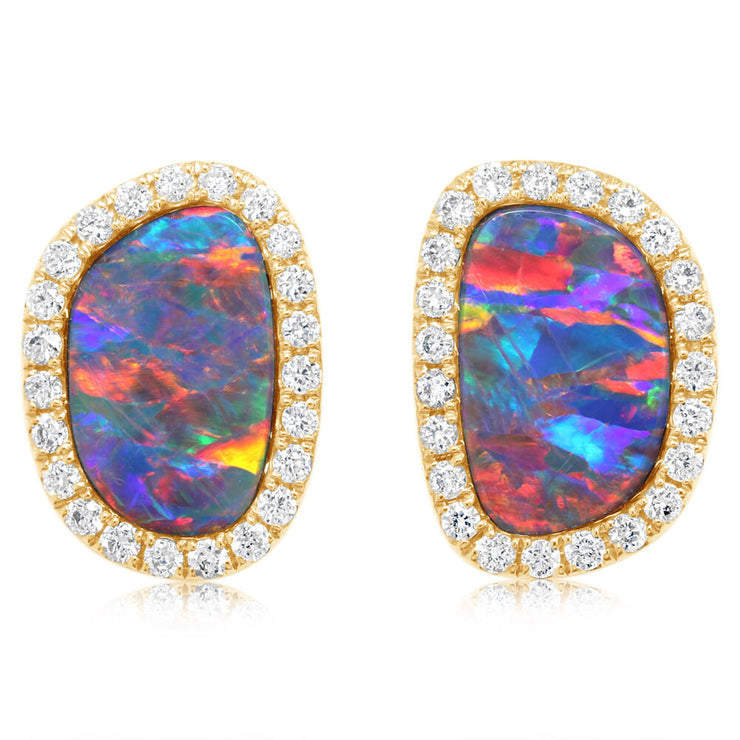 14K Yellow Gold Australian Opal Doublet/Diamond Earrings