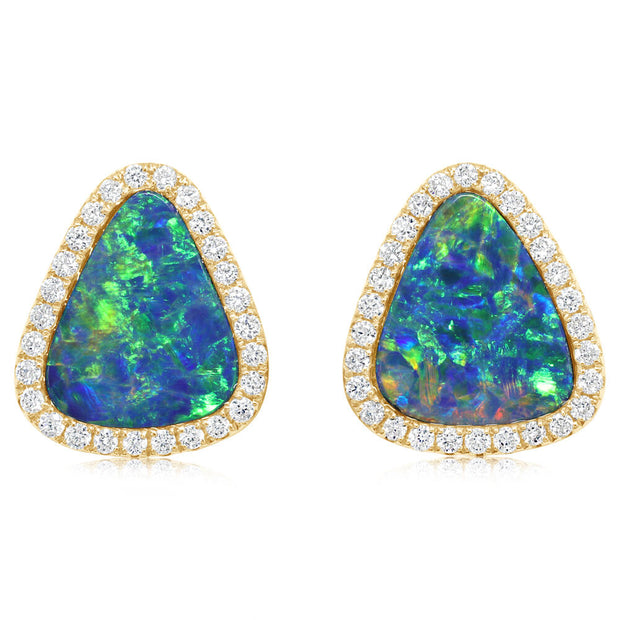 14K Yellow Gold Australian Opal Doublet/Diamond Earrings