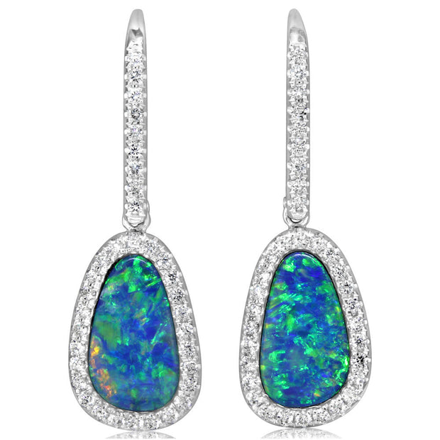 14K White Gold Australian Opal Doublet/Diamond Earrings
