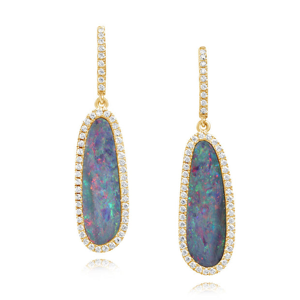14K Yellow Gold Australian Opal Doublet/Diamond Earrings