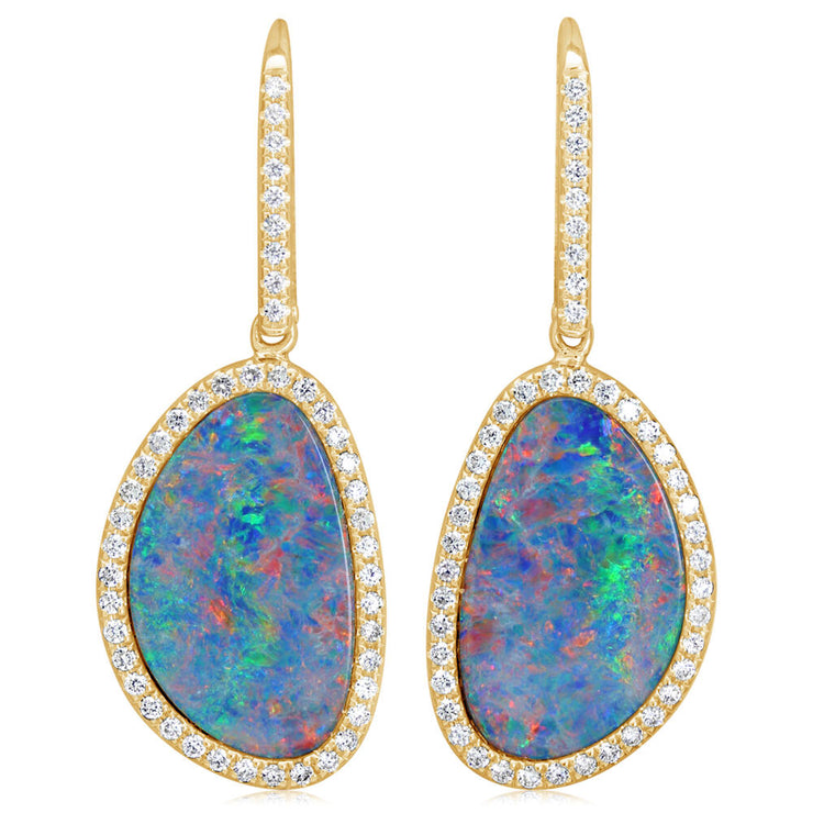14K Yellow Gold Australian Opal Doublet/Diamond Earrings