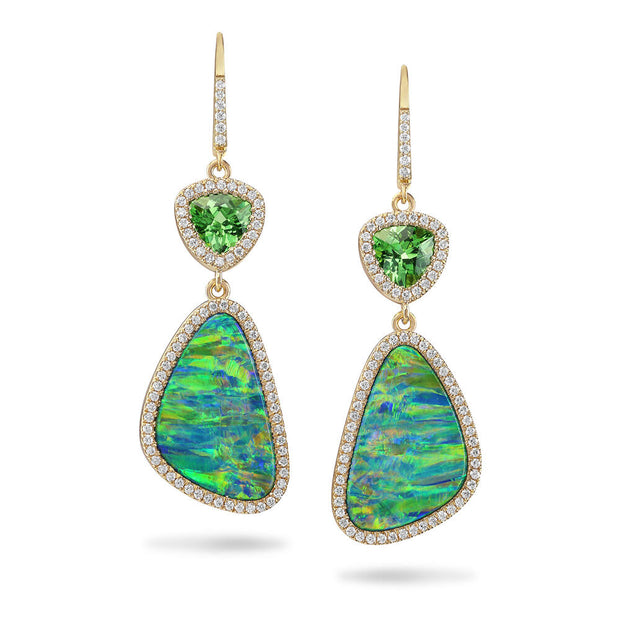 18K Yellow Gold Australian Opal Doublet/Tsvorite/Diamond Earrings