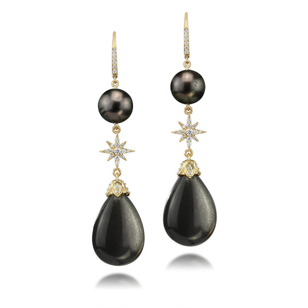18K Yellow Gold Black Moonstone/Tahitian Pearl/Diamond Star Earrings