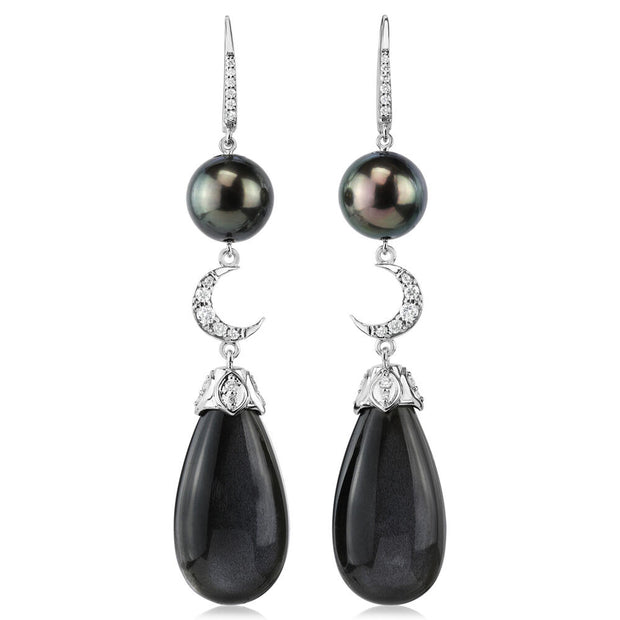 18K White Gold Black Moonstone/Tahitian Pearl/Diamond Moon Earrings