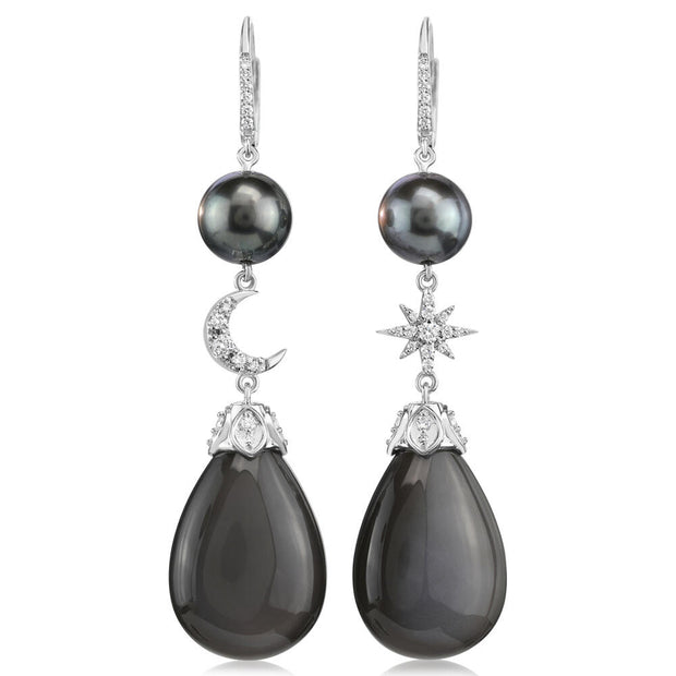 18K White Gold Black Moonstone/Tahitian Pearl/Diamond Star/Moon Earrings