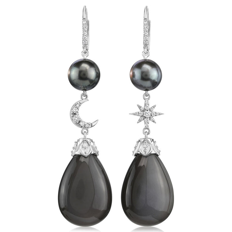 18K White Gold Black Moonstone/Tahitian Pearl/Diamond Star/Moon Earrings