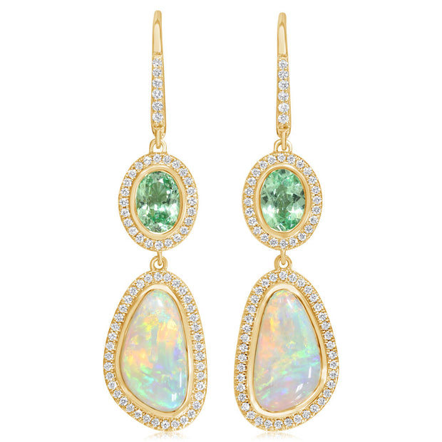 18K Yellow Gold Australian Opal/Mint Garnet/Diamond Earrings