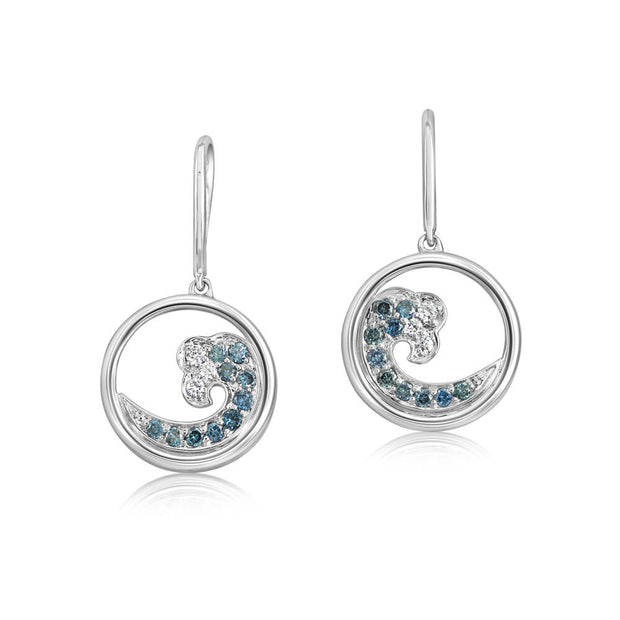 14K White Gold Nature Blue Diamond Wave with White Diamond Tip 15mm Earrings