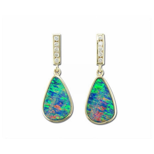 14K White Gold Australian Opal Doublet/Diamond Earrings