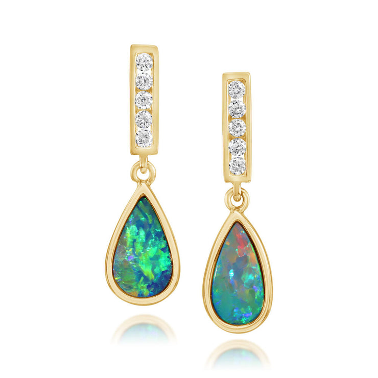 14K Yellow Gold Australian Opal Doublet/Diamond Earrings
