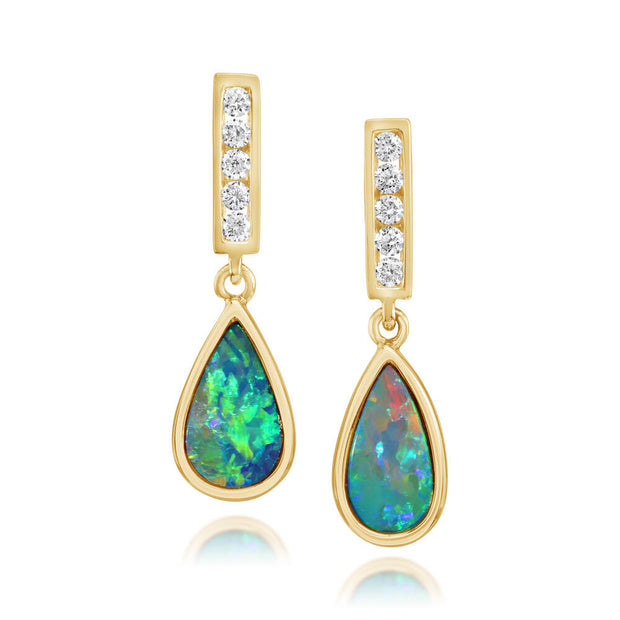 14K Yellow Gold Australian Opal Doublet/Diamond Earrings