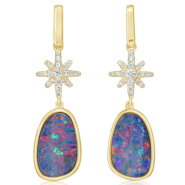 14K Yellow Gold Australian Opal Doublet/Diamond Star Earrings
