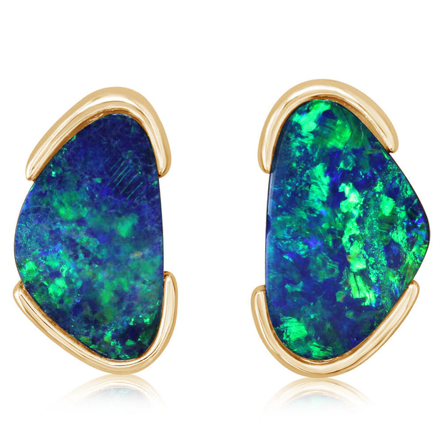 14K Yellow Gold Australian Opal Doublet Earrings