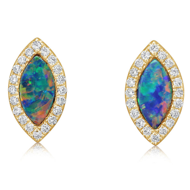 14K Yellow Gold Australian Opal Doublet/Diamond Earrings