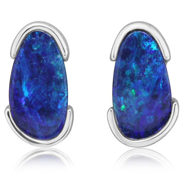 14K White Gold Australian Opal Doublet Earrings