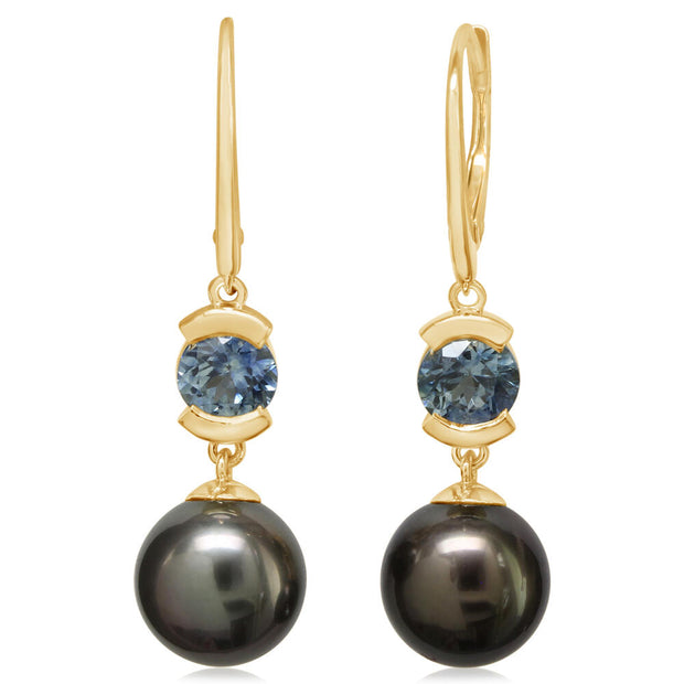 14K Yellow Gold Tahitian Pearl/Montana Sapphire Earrings