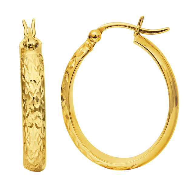 14K Gold Oval Diamond Cut Hoop Earring