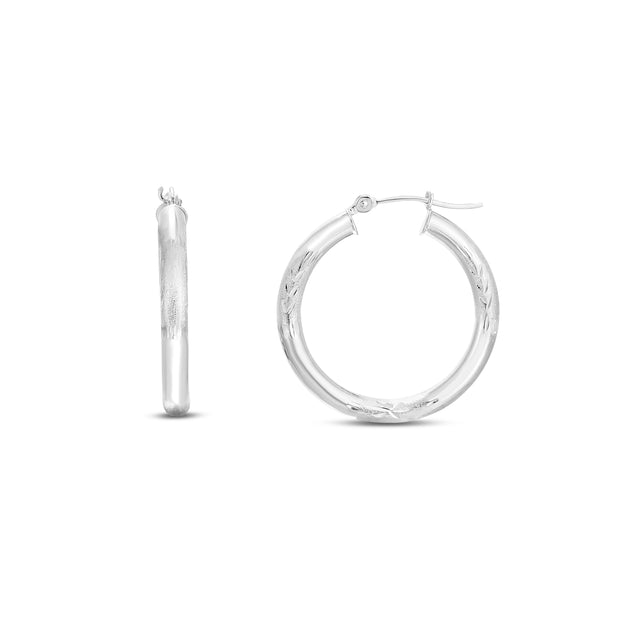 14K White Gold 3mm Diamond Cut & Polished Design Hoop Earring