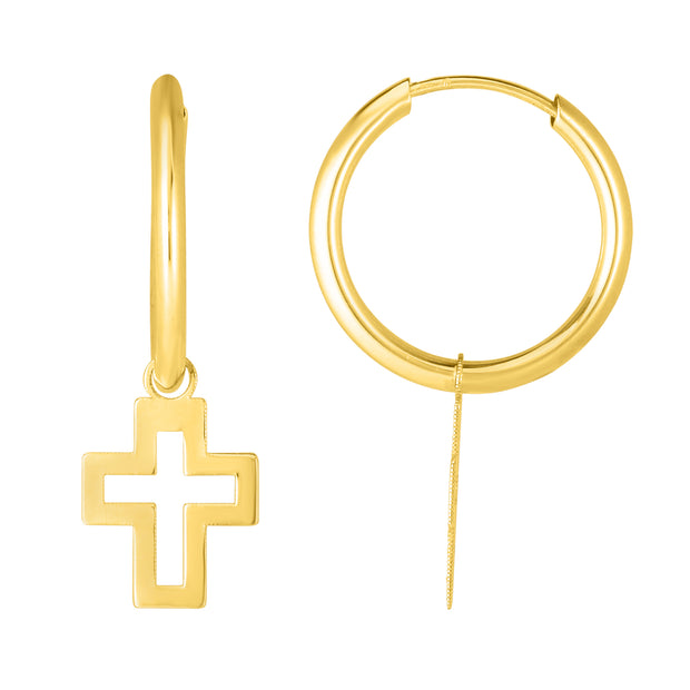 14K Gold Polished Cross Dangle Hoop