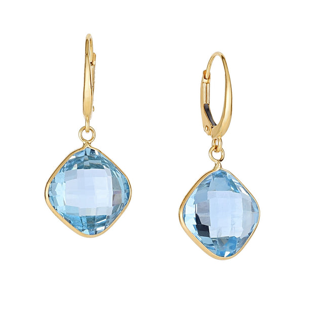 14K Gold Blue Topaz Cushion Drop Earrings